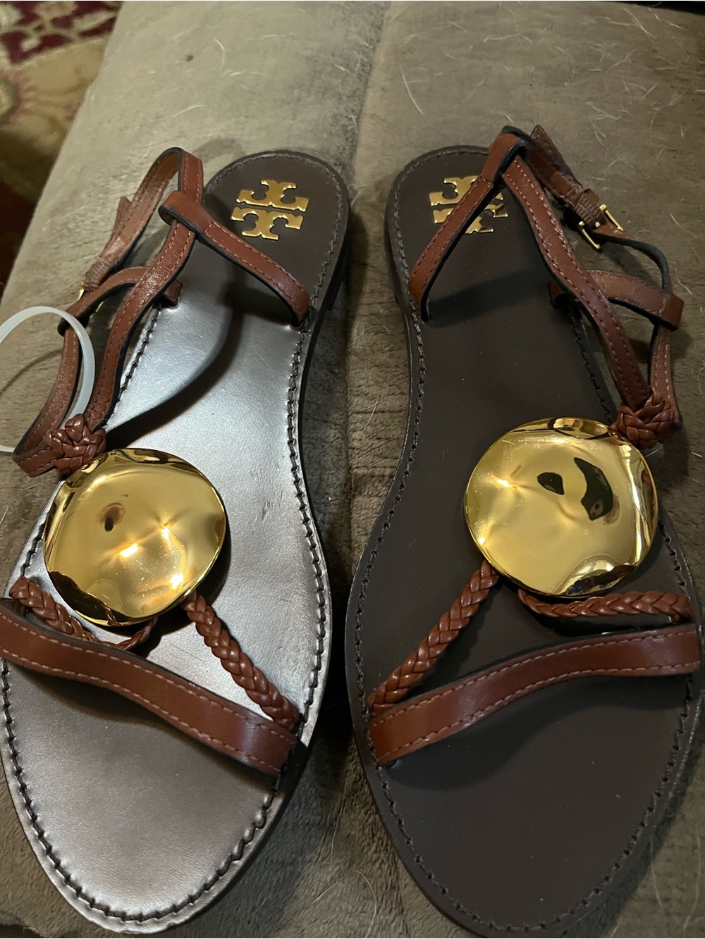 Tory Burch Brown Leather Sandal with Gold Medallions. 5 1:2. NEW